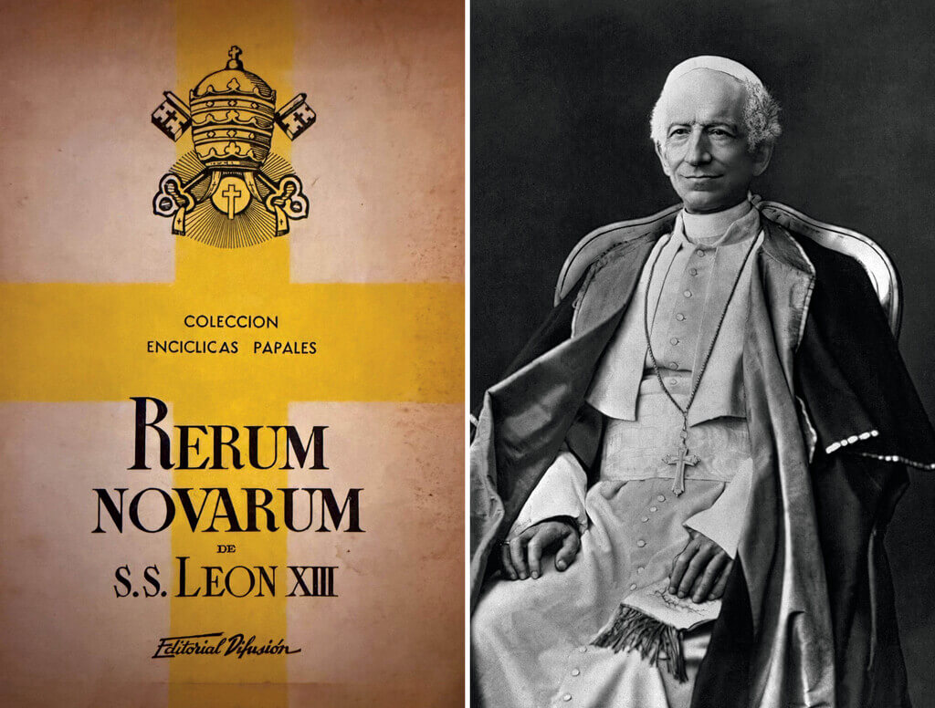 Cover of Rerum Novarum and photo of Pope Leo XIII