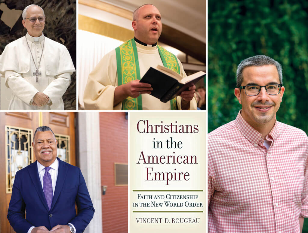 Collage of photos of Pope Leo XIV, Fr. Maczkiewicz, Justin Poche, Vincent D. Rougeau