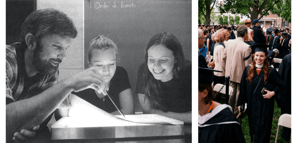 Students doing research and Michelle Mondoux in a graduation cap and gown
