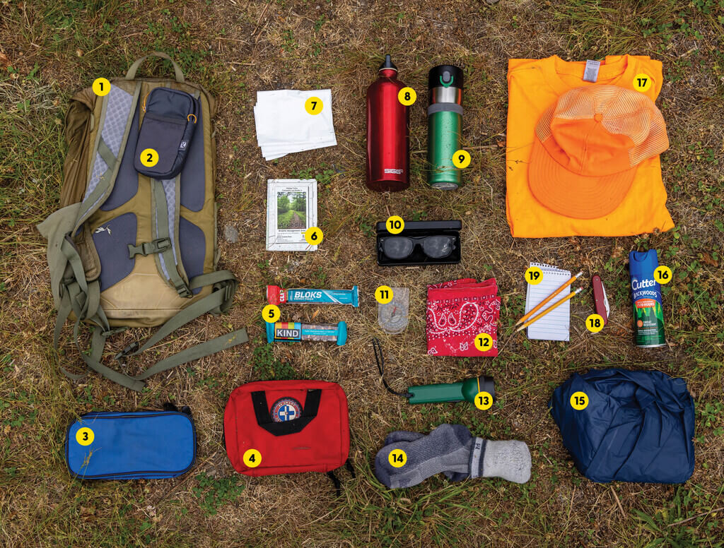 Items in a hiking backpack