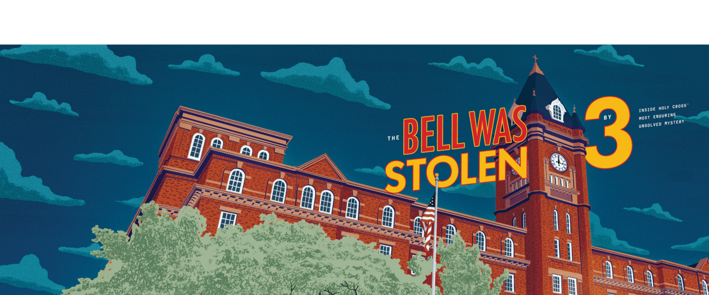 Illustration of bell theft outside O'Kane Hall, with text that reads "The Bell Was Stolen by 3"