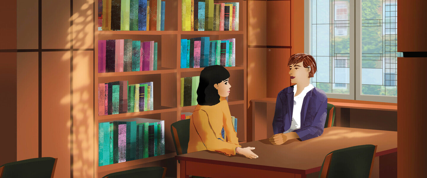 Illustration of a professor and student sitting in library