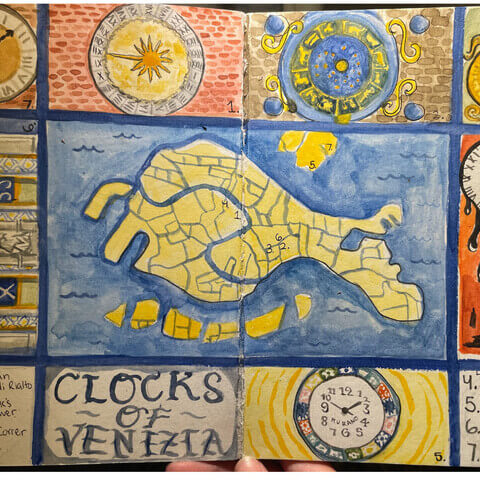 Illustration of clocks in Venice