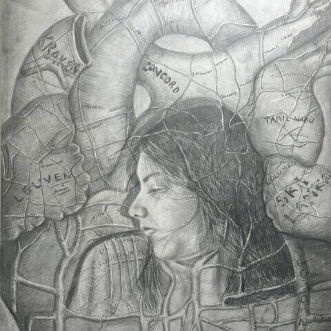 Black and white drawing of Sophie Sundaram