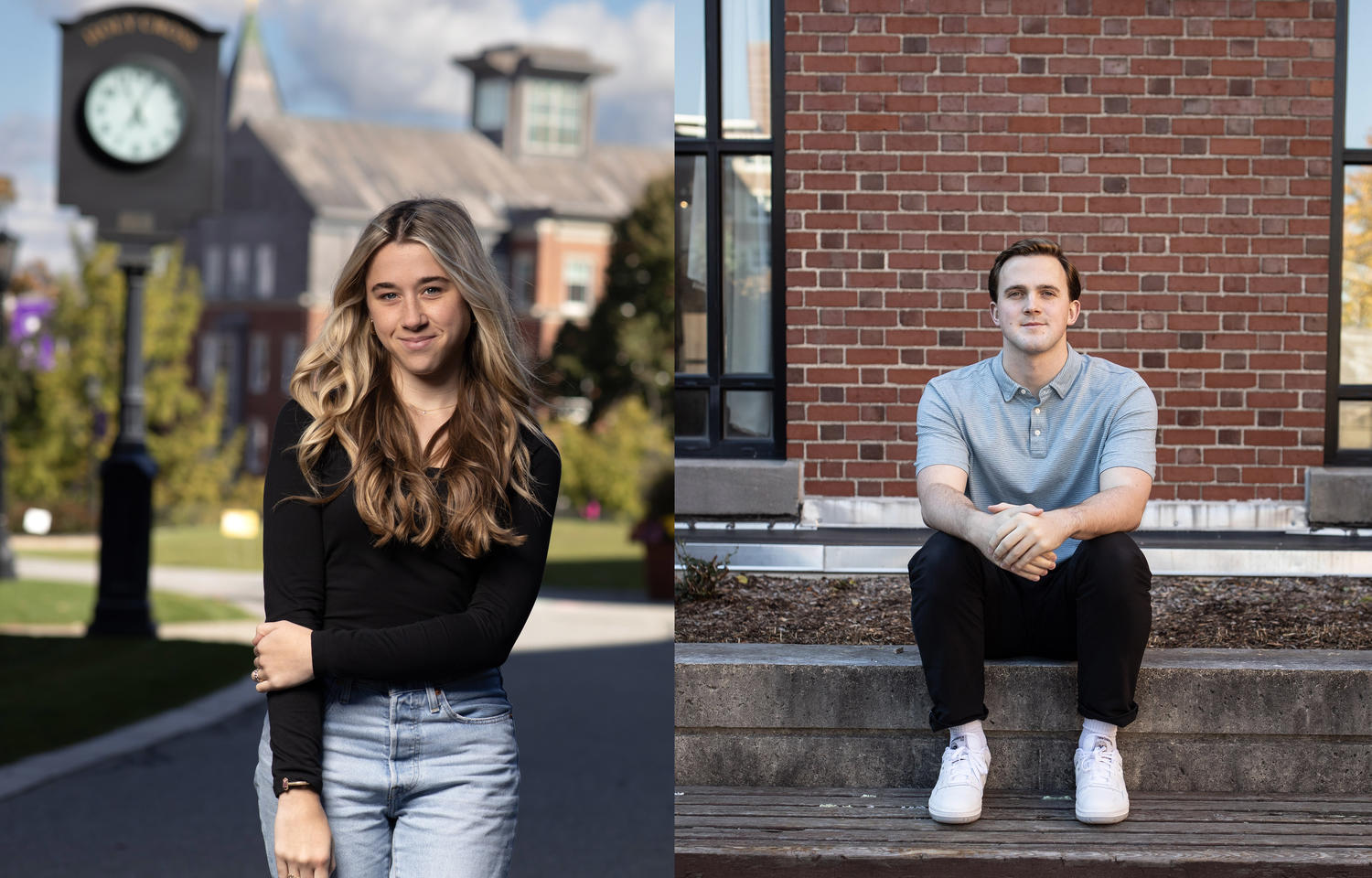 Female and male students in front of brick buildings. 