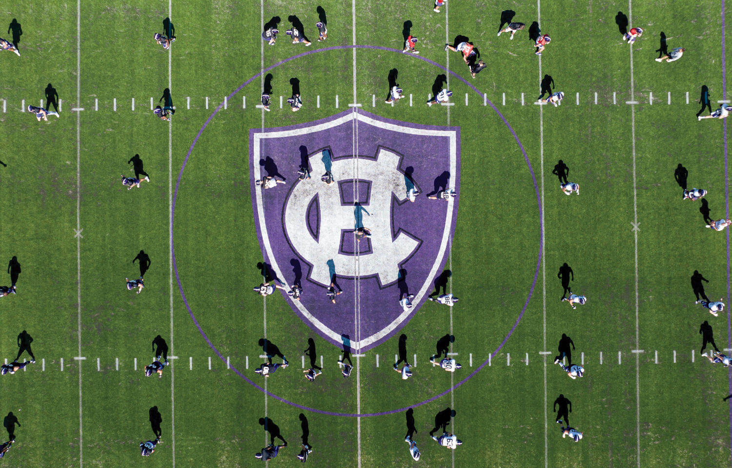 Aerial view of a football team on a football field