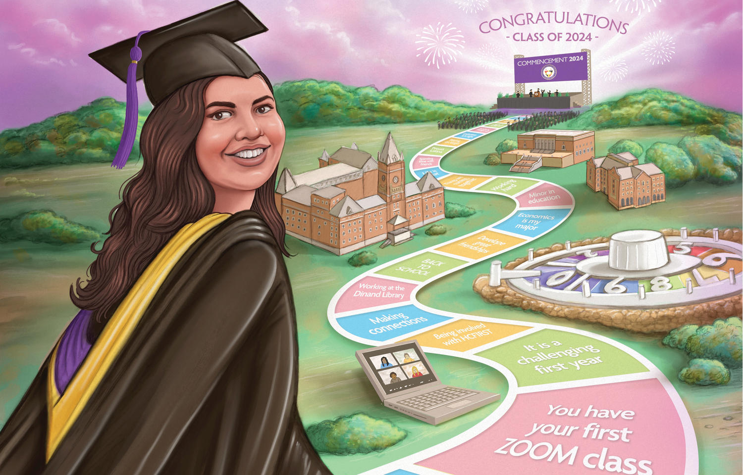 Illustraiton of a women wearing a cap and gown