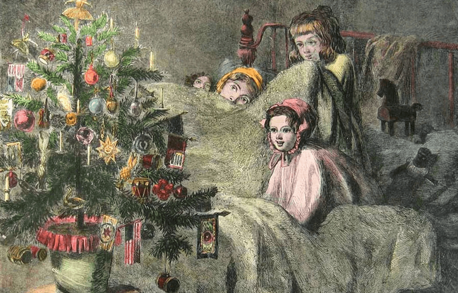 Illustration of Victorian children looking at a Christmas tree.