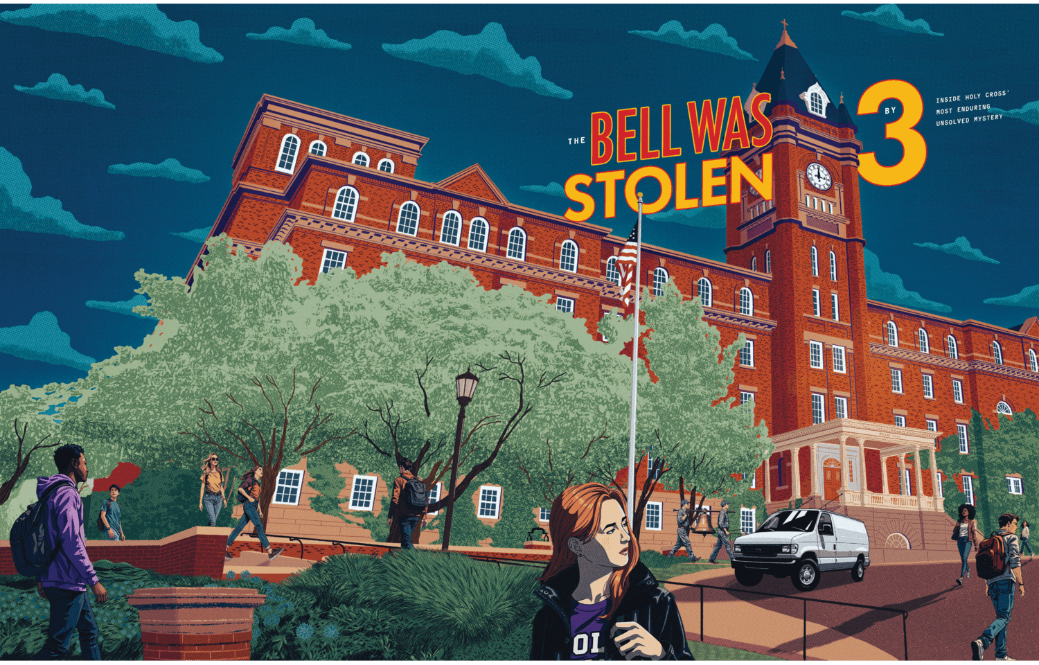 Illustration of bell theft outside O'Kane Hall, with text that reads "The Bell Was Stolen by 3"