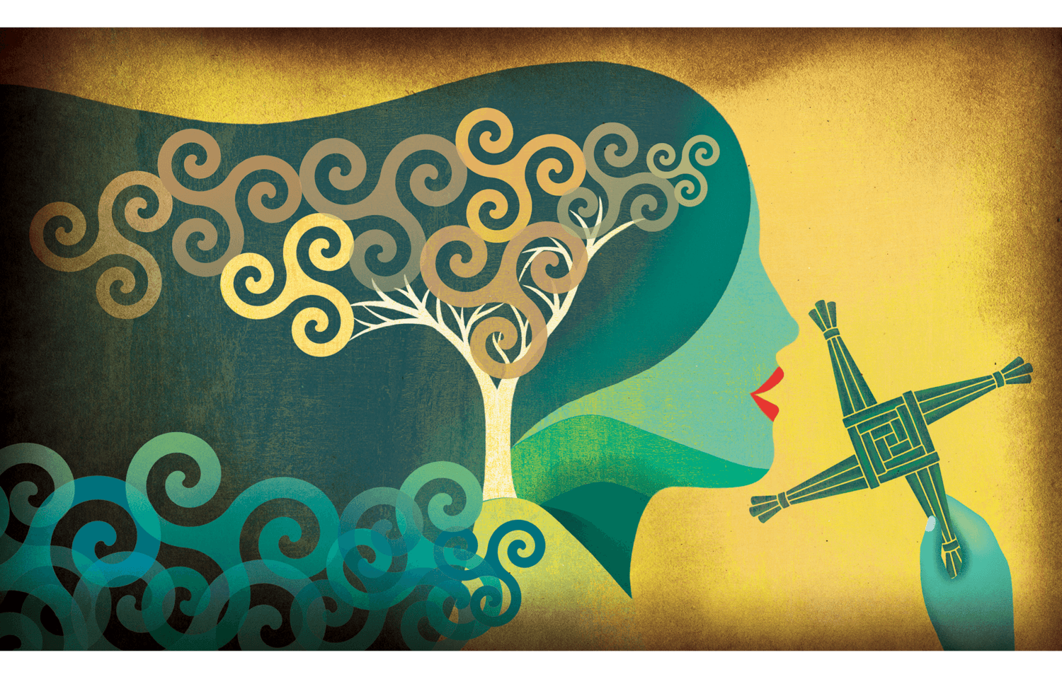 Illustration of woman with a tree on her hair and cross in her hand