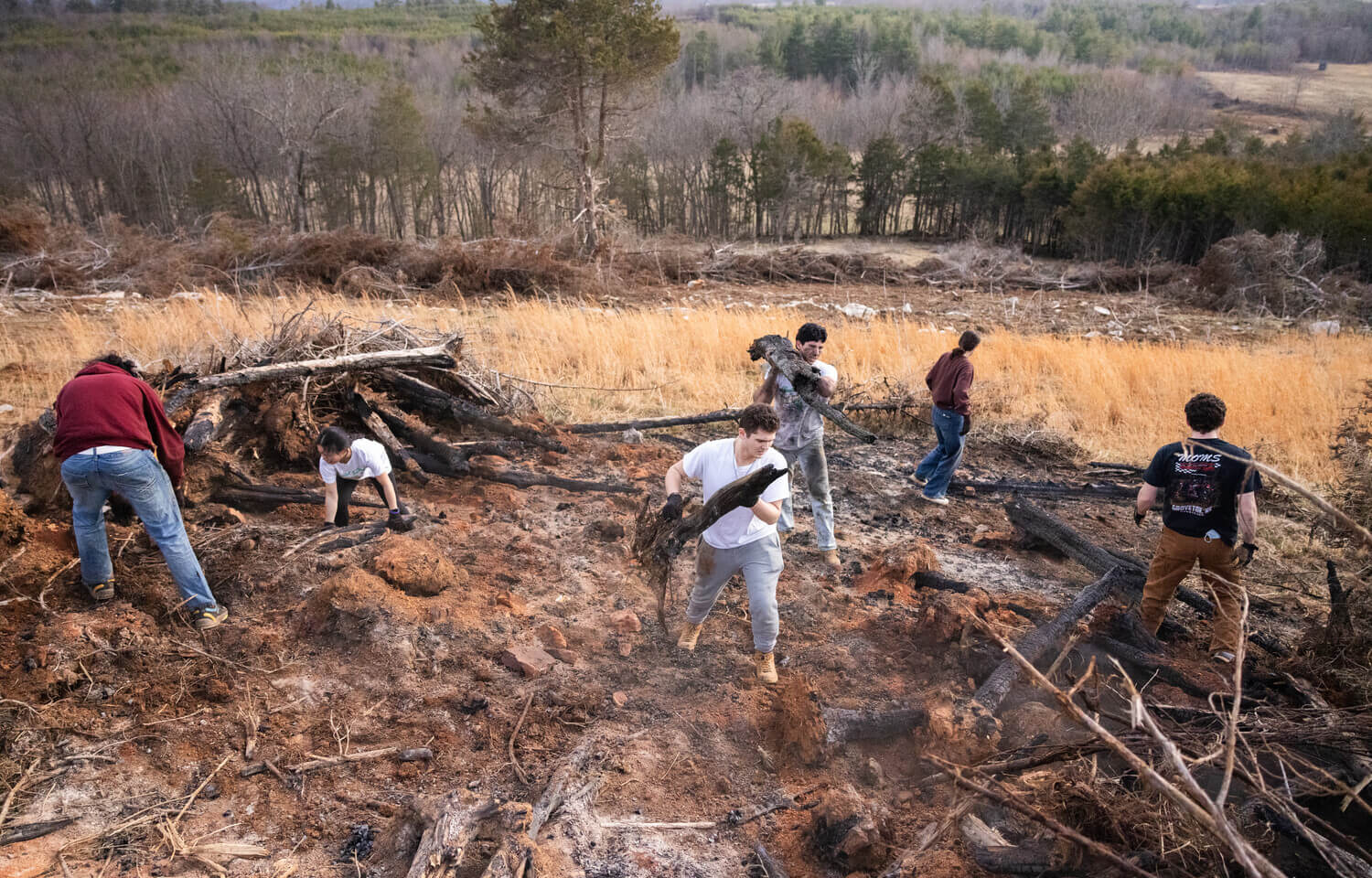 Group of students moving logs and branches