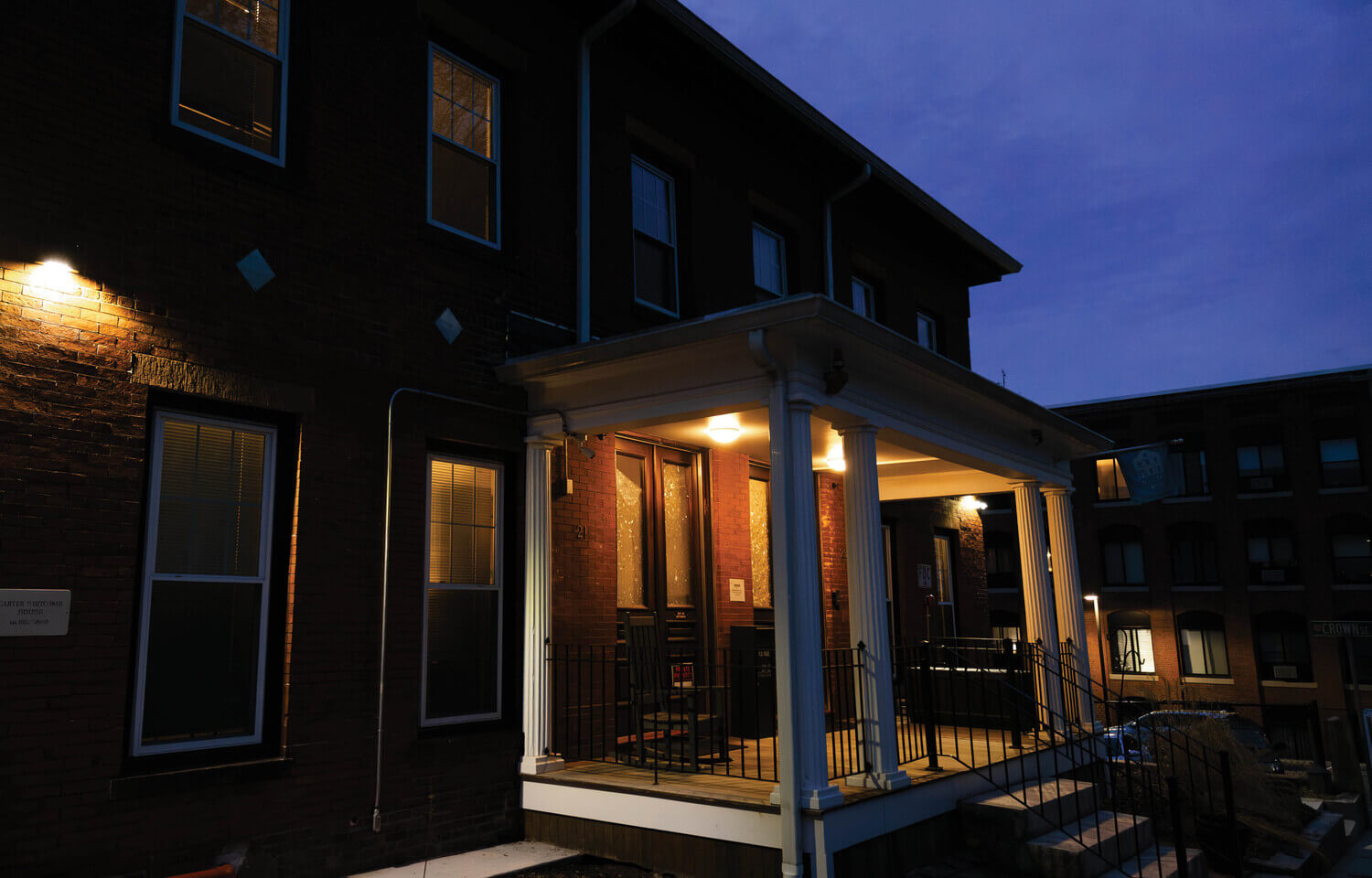 Porch light on a building at night