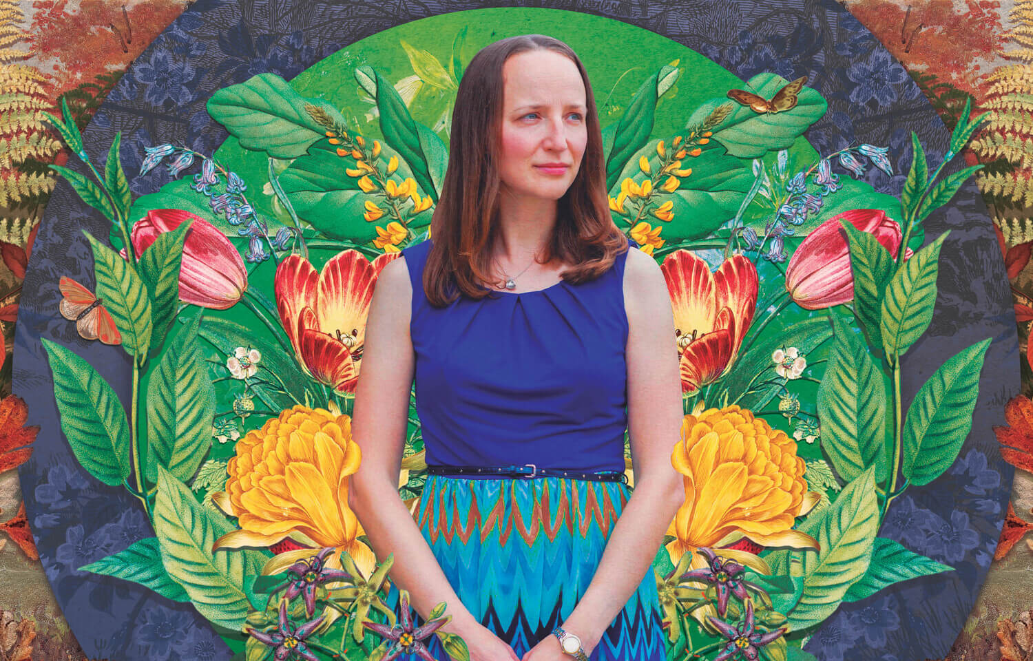 Beth Luoma surrounded by illustrations of the four seasons