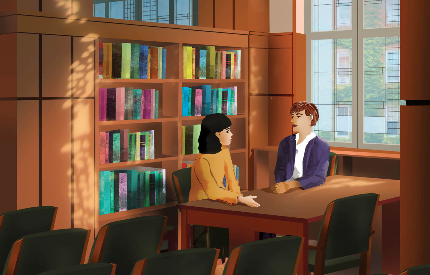Illustration of a professor and student sitting in library