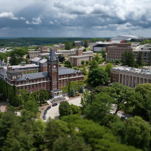 aerial drone image of the Holy Cross and surrounding Worcester, MA