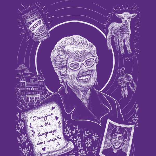 Scratchboard illustration of a white haired woman with glasses.