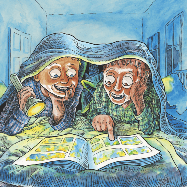 Comic of two kids reading under the covers