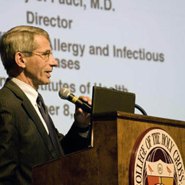 Dr. Anthony S. Fauci '62 is seen here during a 2010 lecture for to the Holy Cross community titled "Emerging and Re-emerging Infectious Diseases: The Perpetual Challenge to Global Health"