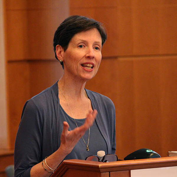 As part of the Pope Francis Conference, Mary Roche, associate professor of religious studies, presents in the Rehm Library. Photo by Austin Bosworth
