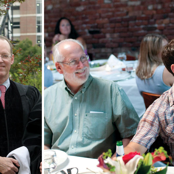 Paul Farmer stands in a photo, split with another photo of two men
