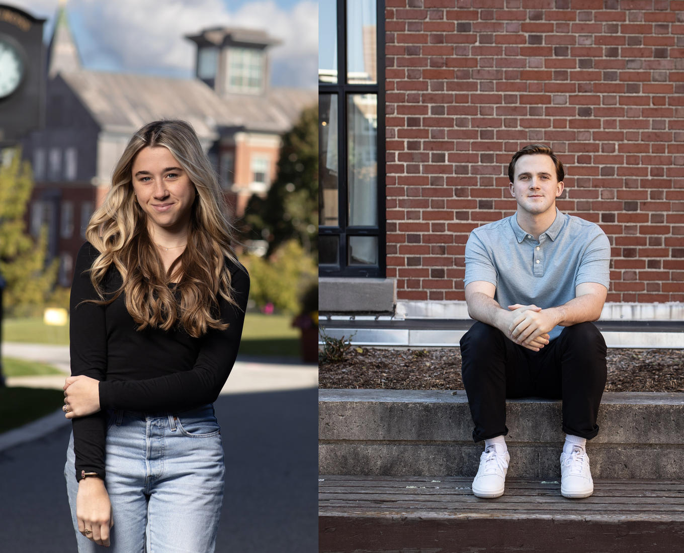 Female and male students in front of brick buildings. 