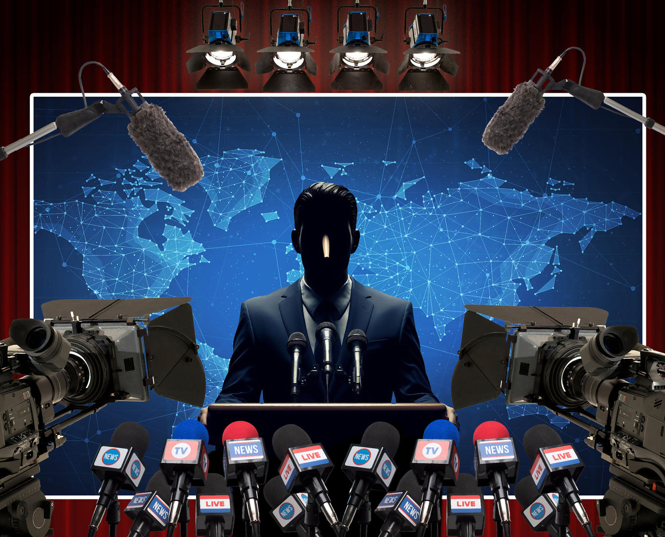 Illustration of a faceless man in suit standing at podium in front of cameras and microphones.