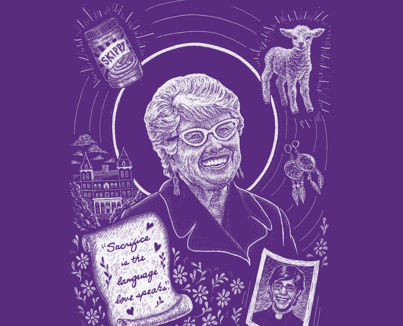 Scratchboard illustration of a white haired woman with glasses.