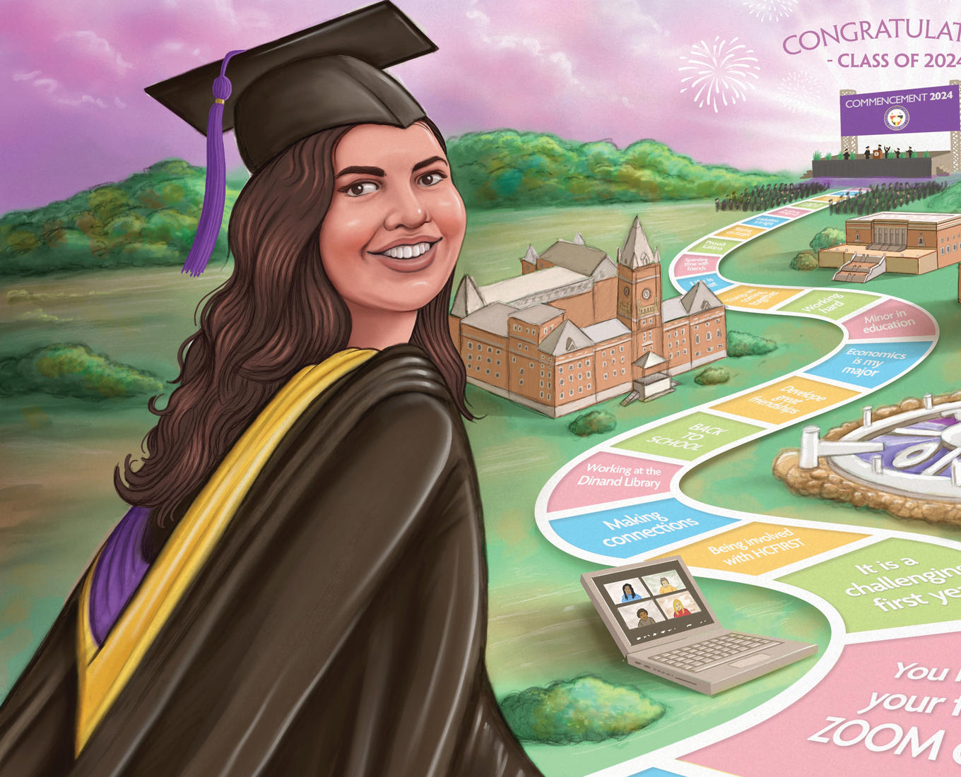 Illustraiton of a women wearing a cap and gown