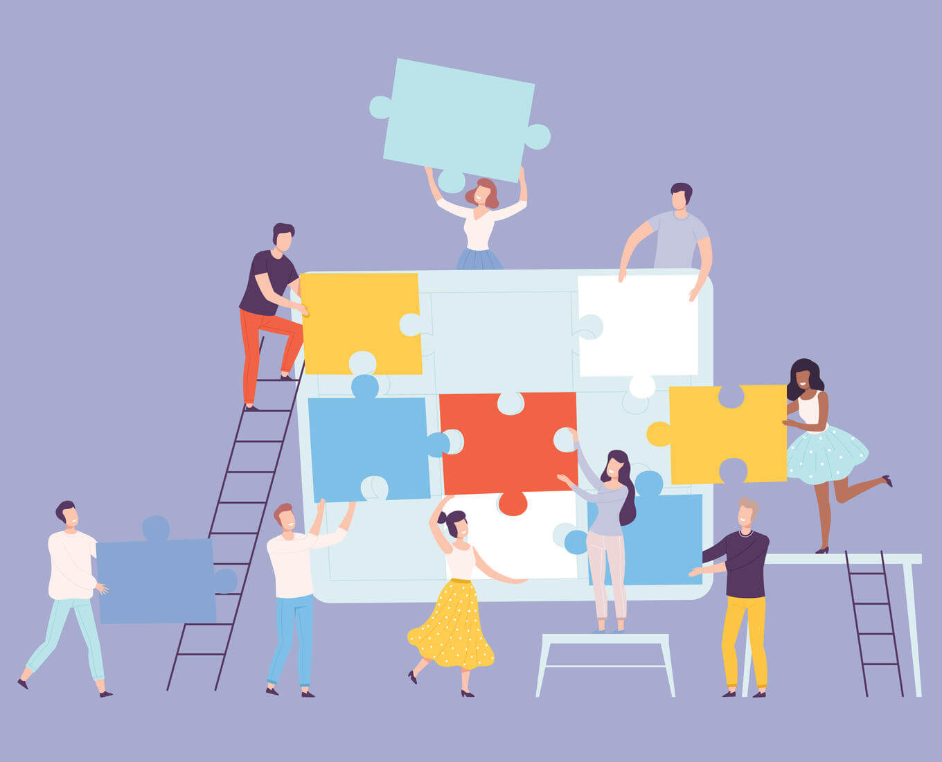 Illustration of people putting together puzzle pieces