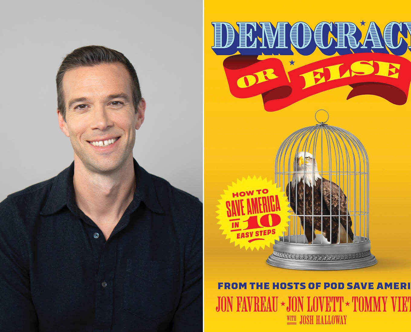 A headshot of a white man with black hair next to a book cover