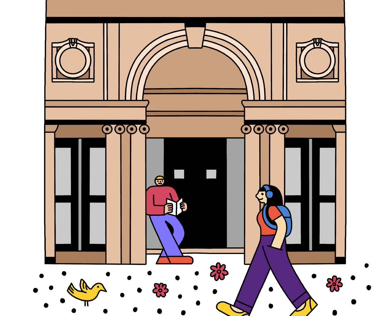 Illustration of students walking outside Dinand library