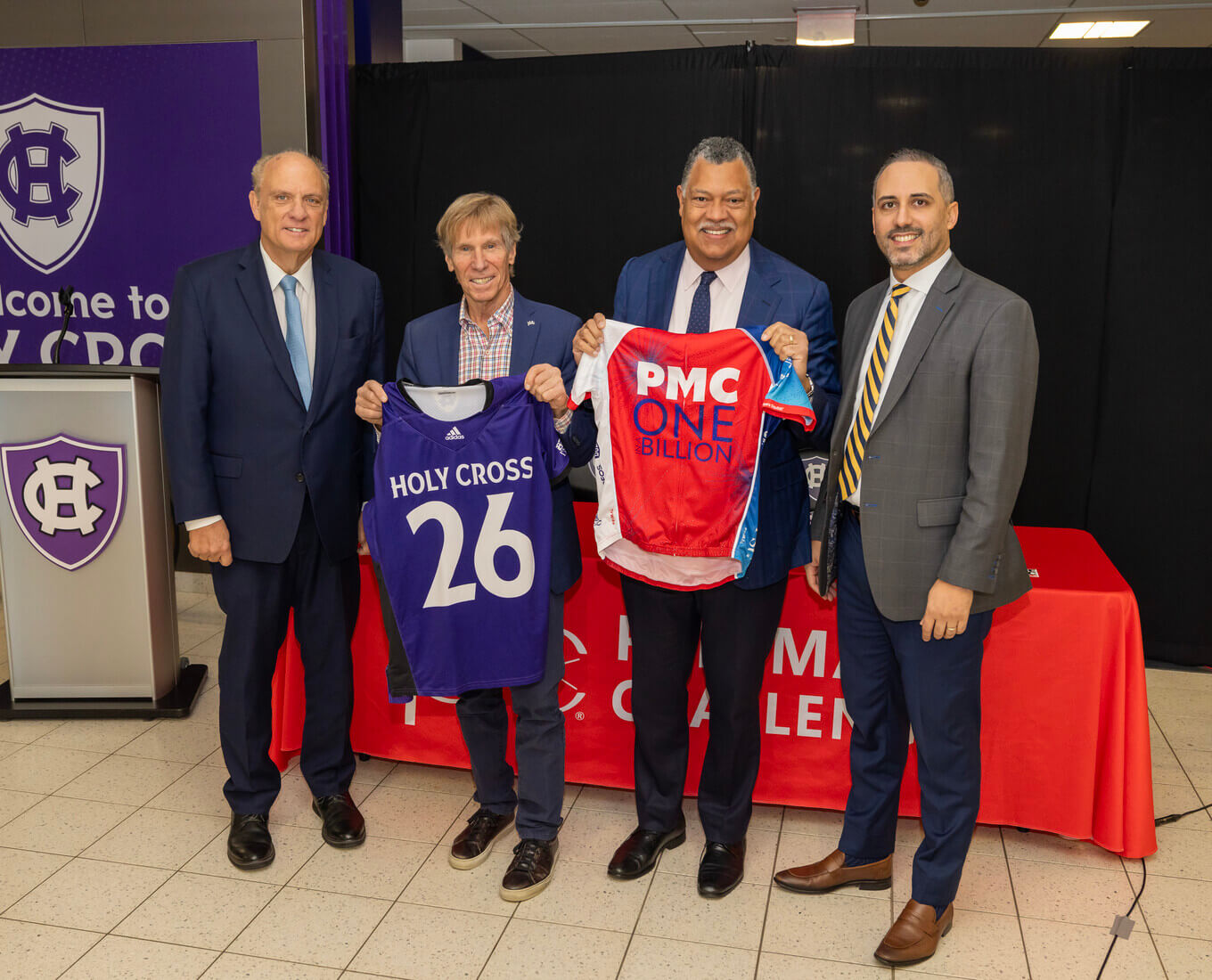 From left to right: Worcester Mayor Joseph M. Petty, PMC Founder and Chairman Billy Starr, Holy Cross President Vincent D. Rougeau and Worcester City Manager Eric D. Batista.