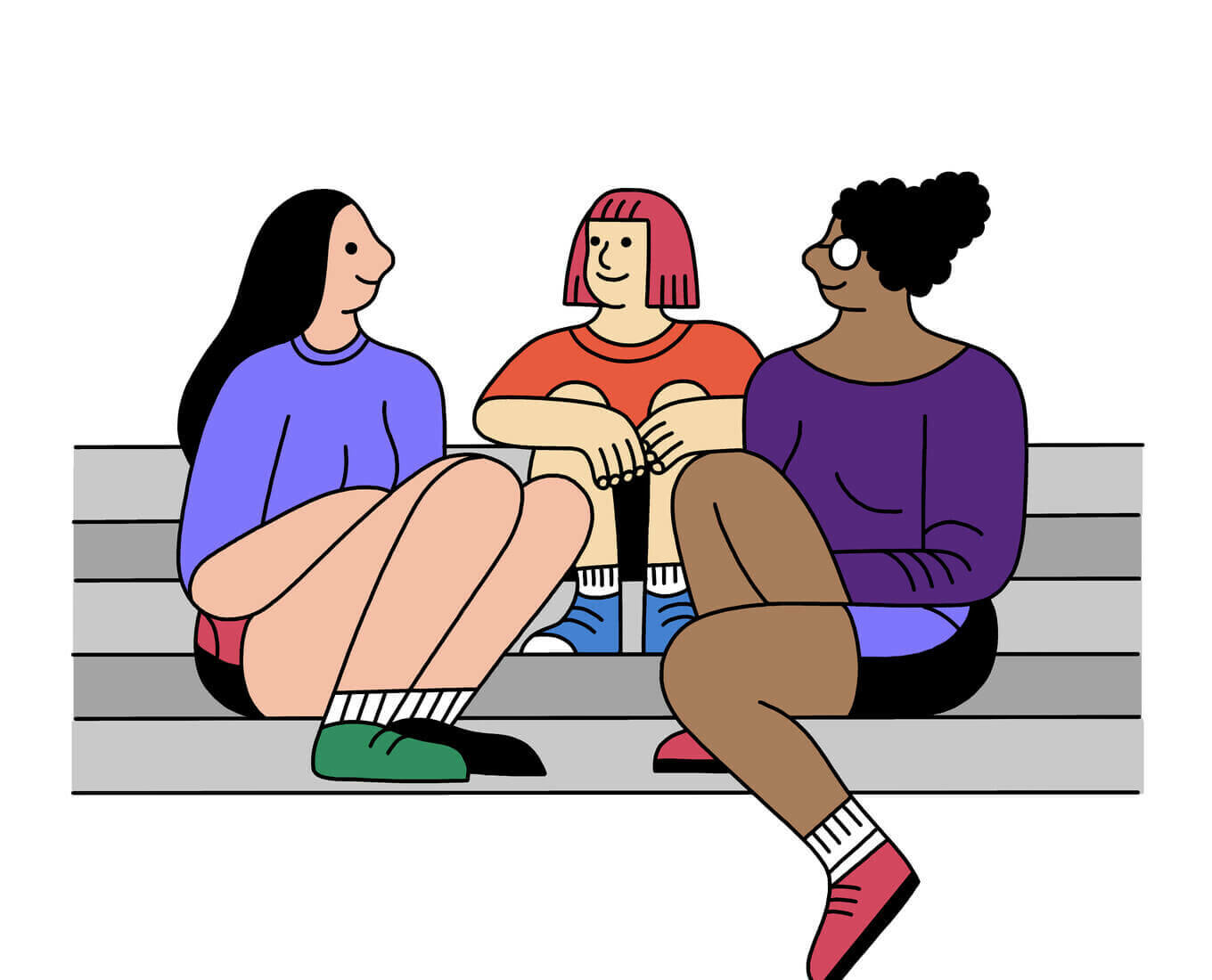 illustration of three students talking on the steps of Dinand Library