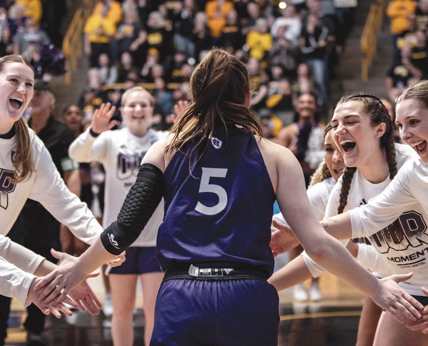 Women basketball players welcome teammate onto court.
