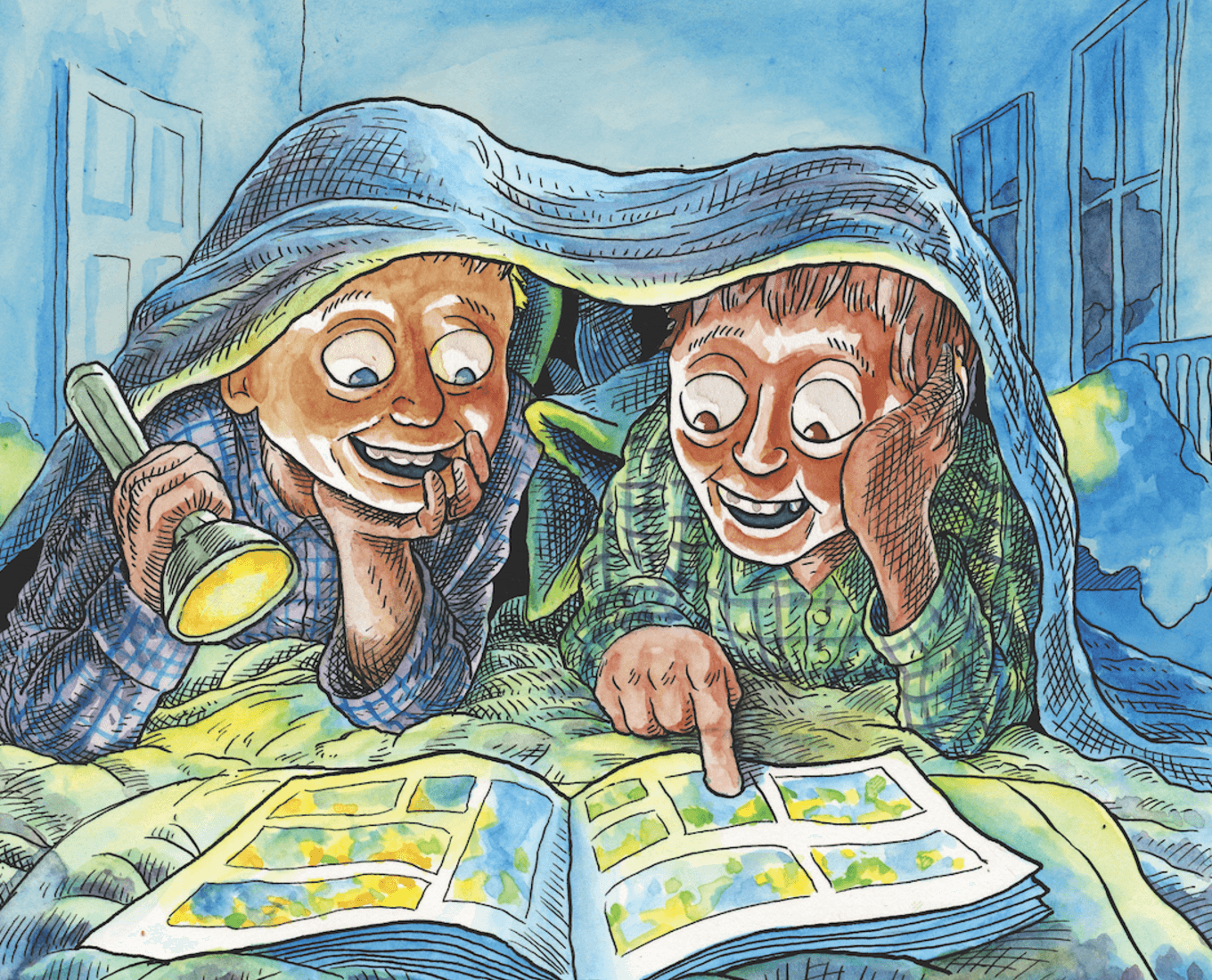 Comic of two kids reading under the covers