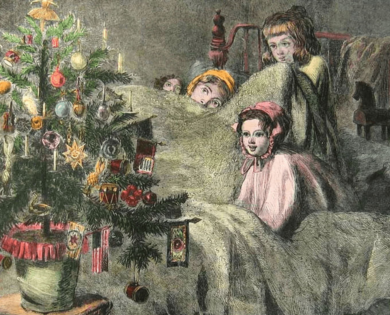 Illustration of Victorian children looking at a Christmas tree.