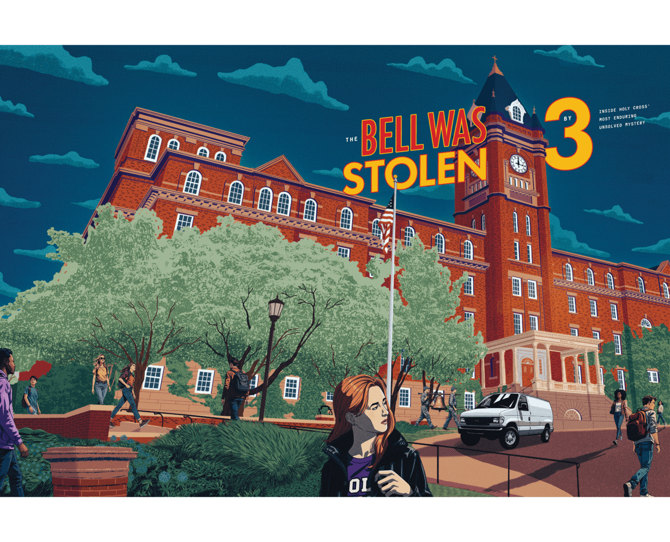 Illustration of bell theft outside O'Kane Hall, with text that reads "The Bell Was Stolen by 3"