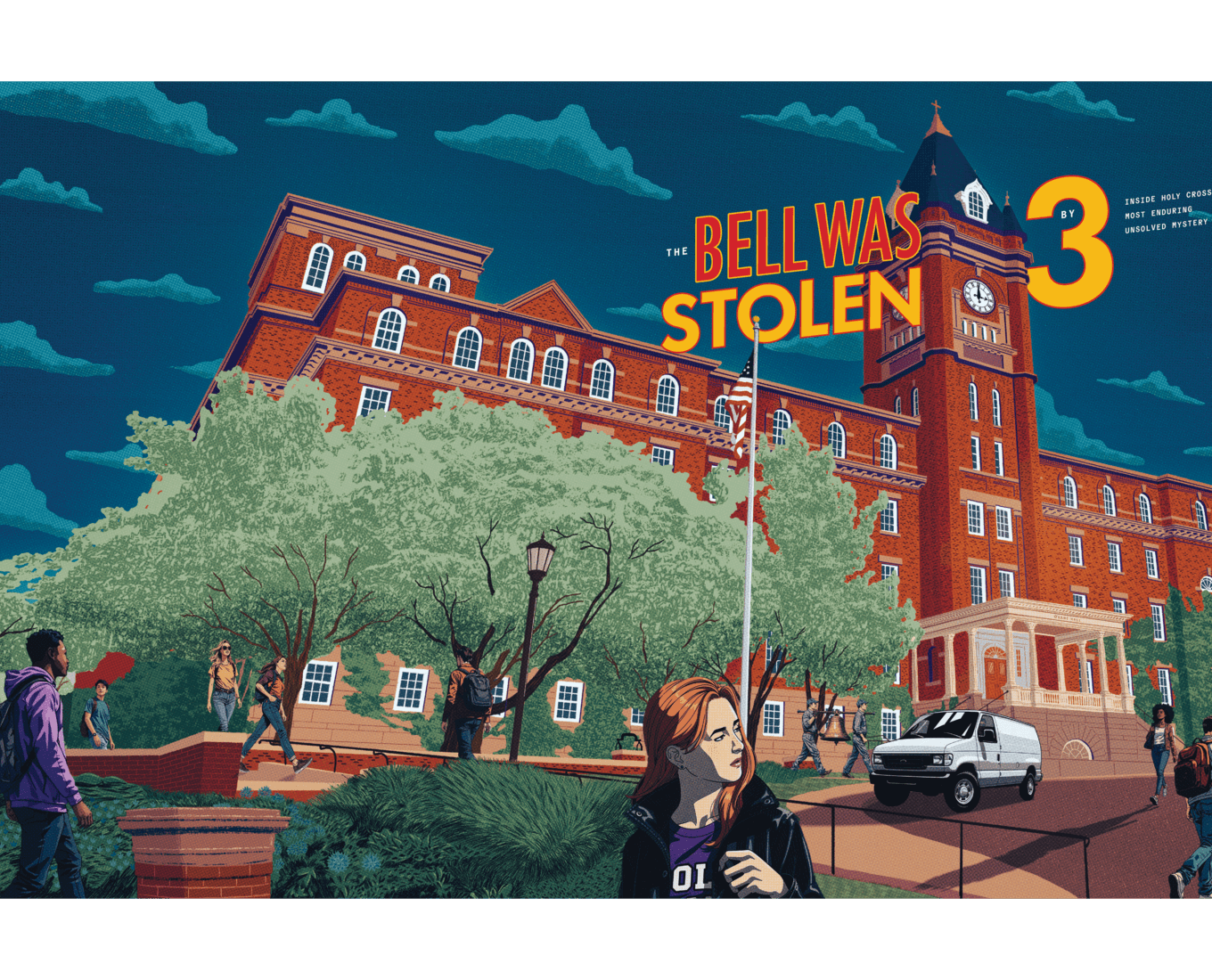 Illustration of bell theft outside O'Kane Hall, with text that reads "The Bell Was Stolen by 3"