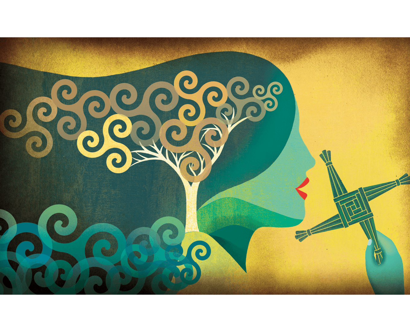Illustration of woman with a tree on her hair and cross in her hand