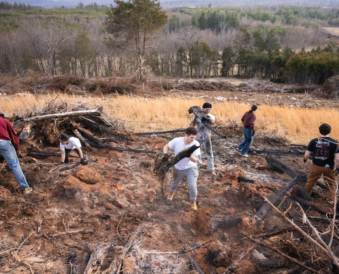 Group of students moving logs and branches