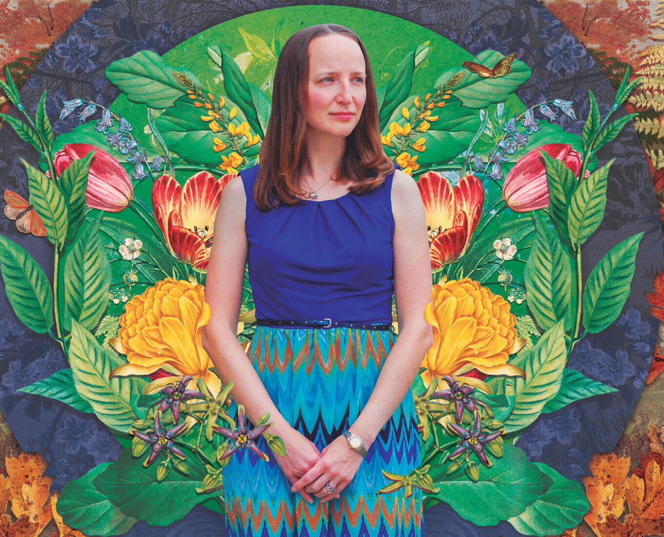 Beth Luoma surrounded by illustrations of the four seasons
