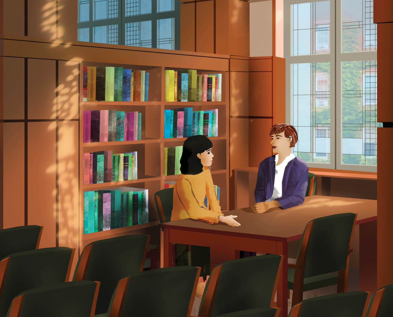 Illustration of a professor and student sitting in library