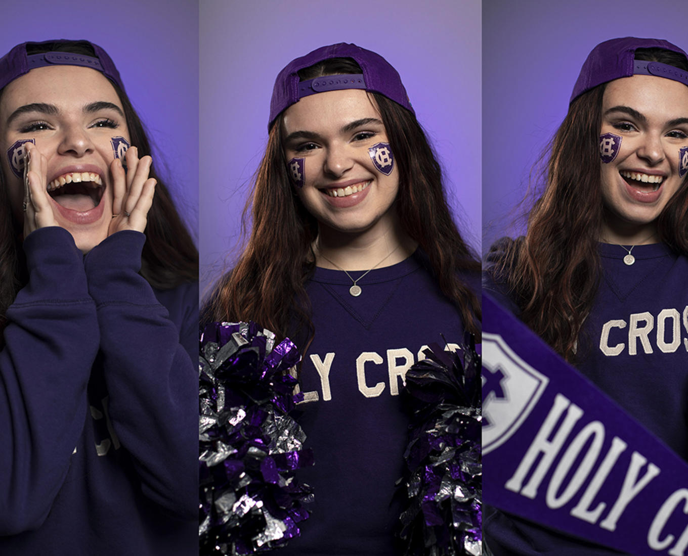 Holy Cross student wears purple school colors and cheers
