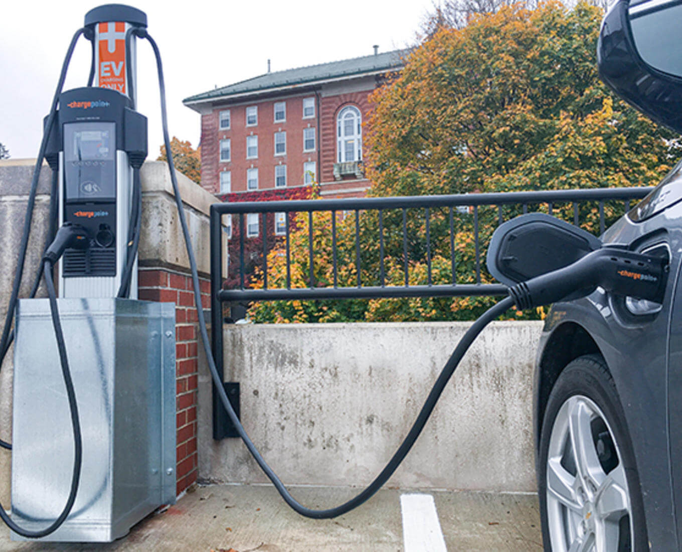 Electric vehicle charging station installed in the Holy Cross parking garage. Photo by John Cannon