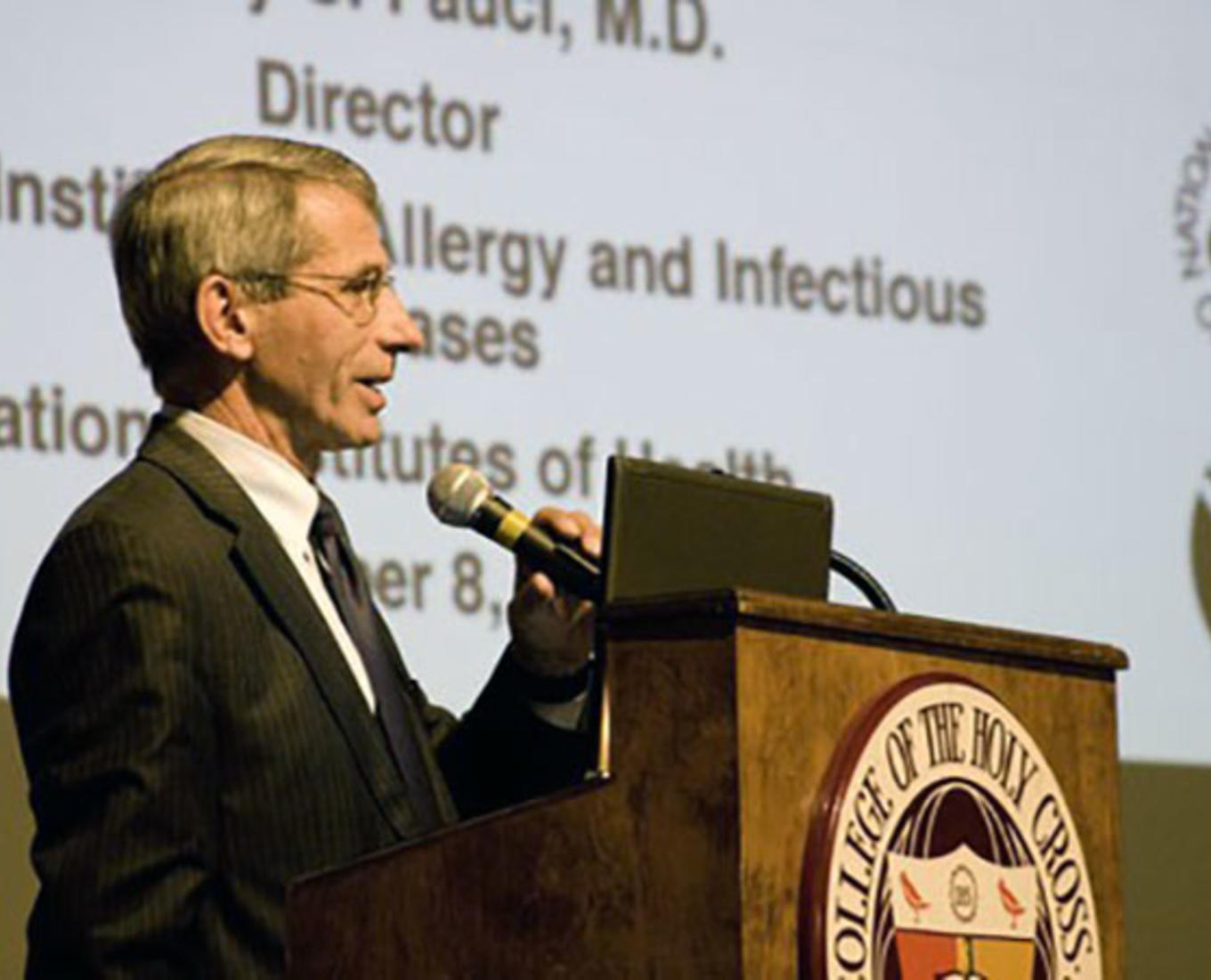 Dr. Anthony S. Fauci '62 is seen here during a 2010 lecture for to the Holy Cross community titled "Emerging and Re-emerging Infectious Diseases: The Perpetual Challenge to Global Health"