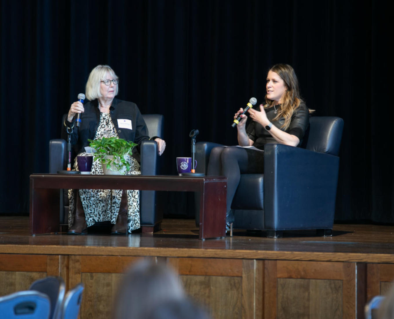Two women in stage talking