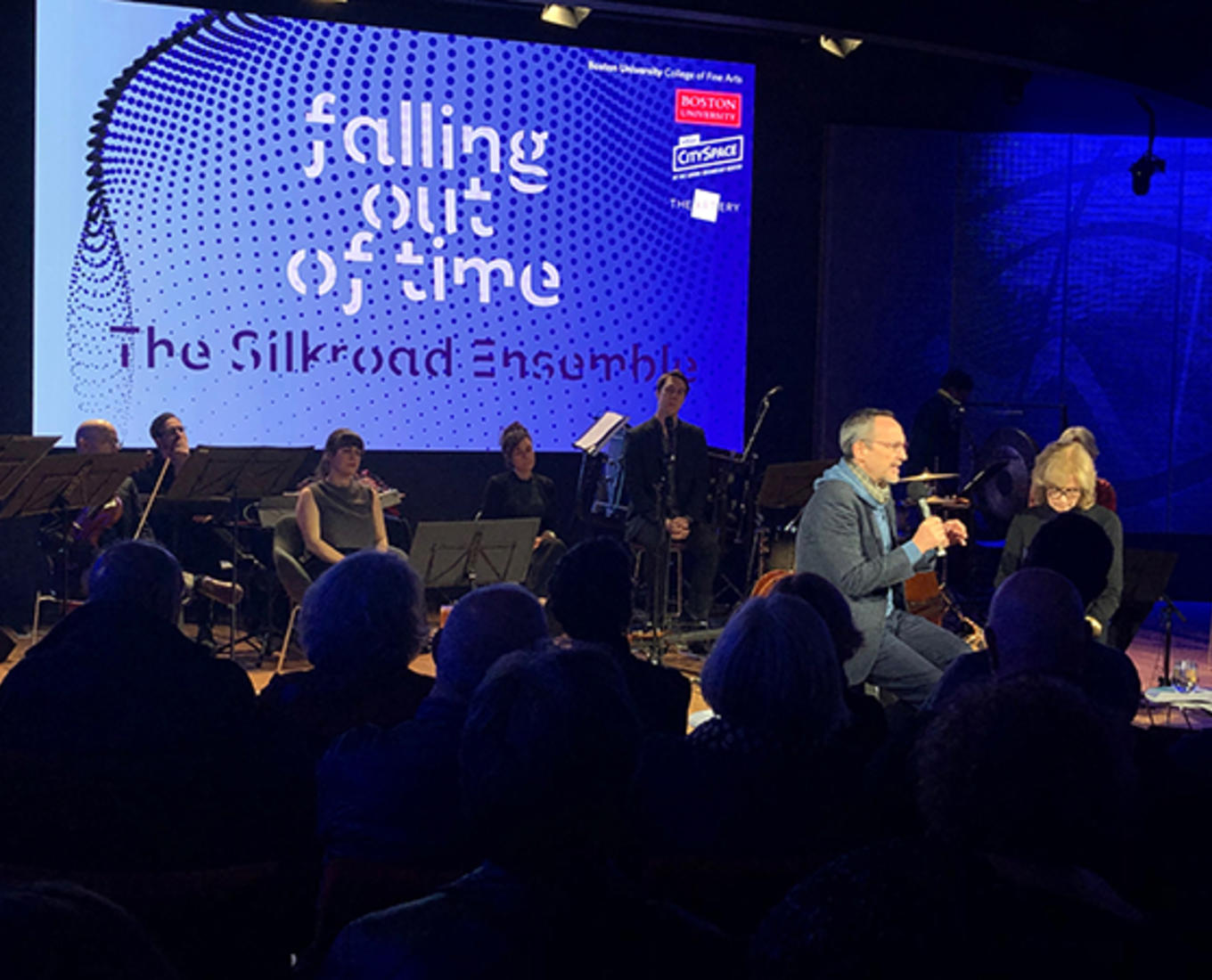 Osvaldo Golijov and the members of the Silkroad Ensemble are shown here during a conversation about the song cycle "Falling Out of Time" at WBUR's CitySpace, and moderated by NPR's Robin Young. Photo by Meghan Schatz