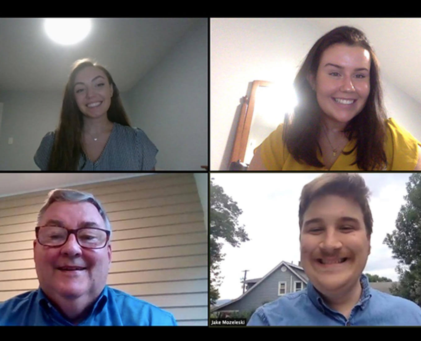 Caroline Fredericks '21, Caitlin Marple '21, and Jake Mozeleski '22 conduct a zoom call with coach Edward McDermott '79.