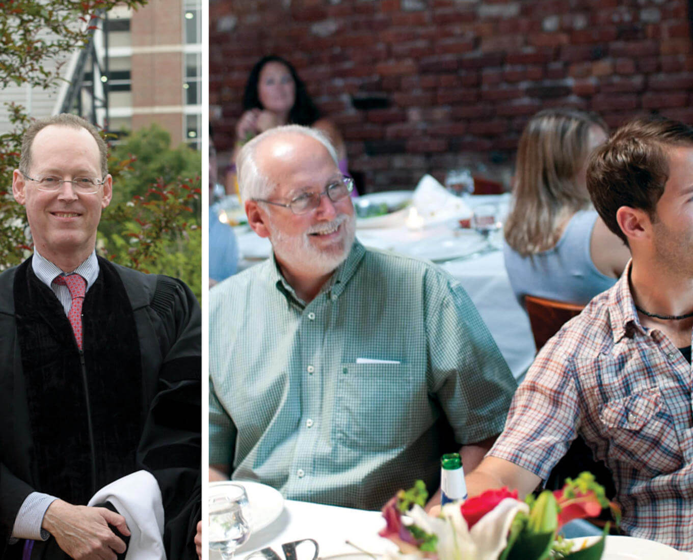 Paul Farmer stands in a photo, split with another photo of two men