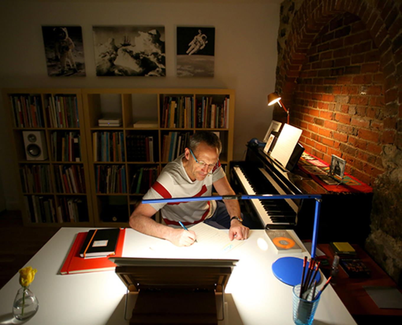 Osvaldo Golijov is pictured here working in his music studio. Photo by Tom Rettig